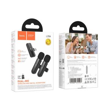Dual Wireless Digital Microphone w/ USB-C Connector + Lightning Adaptor, DSP Noise Cancellation (L20A)